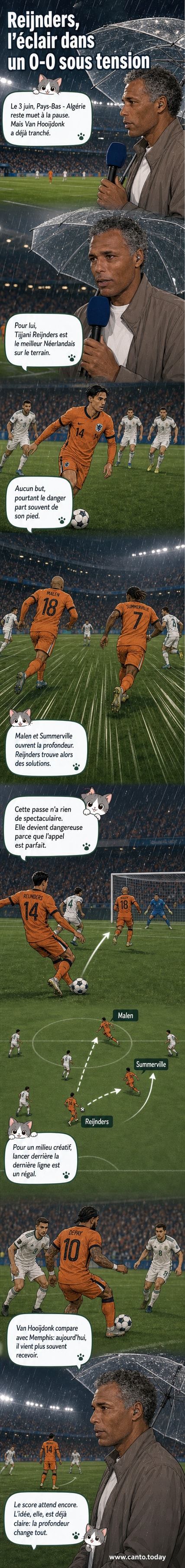 Illustration d'un milieu de terrain en noir et orange lançant une passe vers deux attaquants en course, sous le regard d'un ancien joueur en costume, avec le stade vide en arrière-plan.