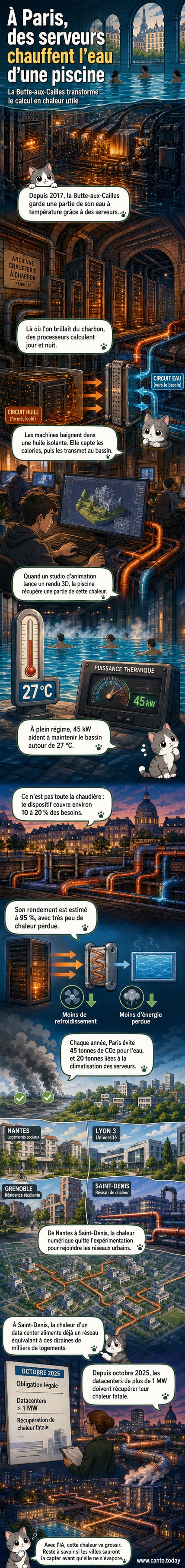 Vue intérieure d'une piscine parisienne avec des panneaux de serveurs immergés dans un fluide transparent, installés dans une ancienne chaufferie.