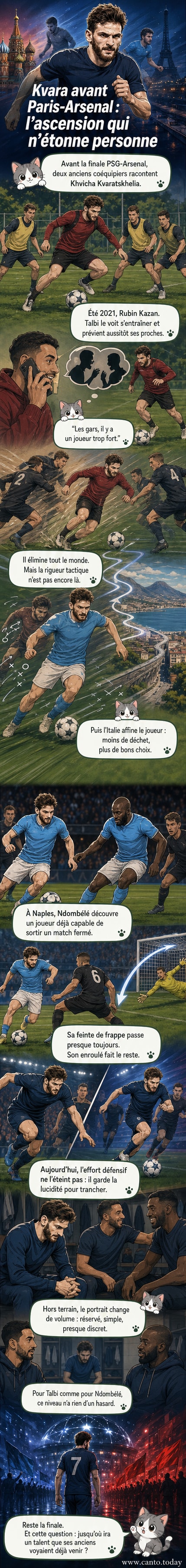 Illustration stylisée de Khvicha Kvaratskhelia en action, entouré d'éléments symbolisant ses clubs : Rubin Kazan, Napoli, PSG, et le stade de la finale de Ligue des Champions.