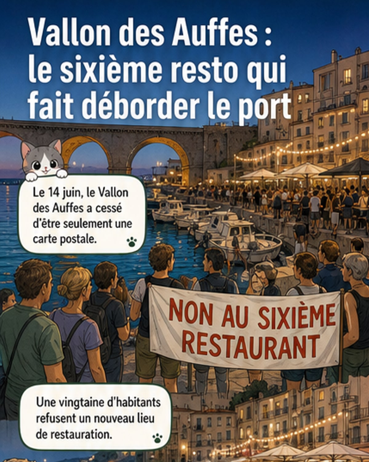 Vue aérienne du vallon des Auffes à Marseille, un petit port encombré de touristes, de bateaux et de bâtiments colorés, avec la corniche Kennedy en arrière-plan.