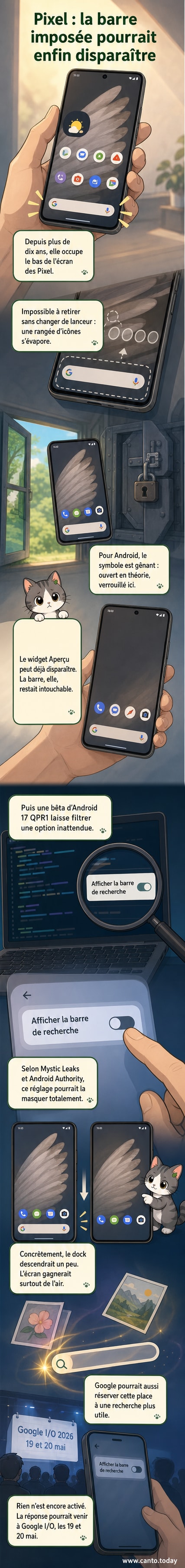 Illustration d'un smartphone Google Pixel avec la barre de recherche en bas de l'écran, et une flèche montrant sa suppression potentielle dans une future mise à jour.