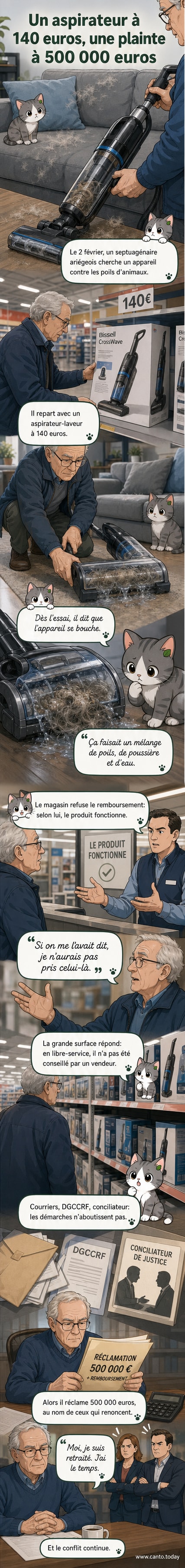Un homme âgé tient un aspirateur-laveur Bissell CrossWave devant un magasin, avec un nuage de pensée montrant des poils d’animaux bouchant le tuyau.