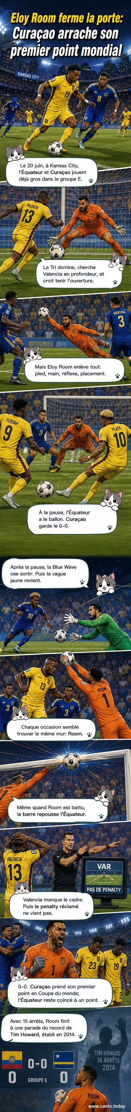 Illustration d'un gardien de but en bleu et jaune repoussant un tir puissant, sous une pluie de tirs symbolisés par des flèches, avec le stade de Kansas City en arrière-plan.