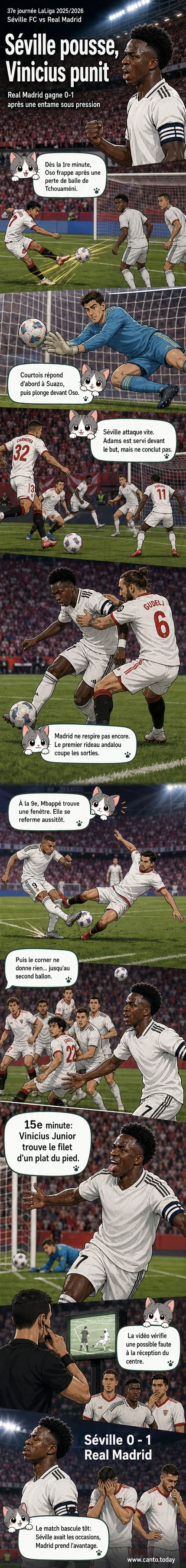 Illustration d'un match de football entre Séville FC et Real Madrid, avec Vinicius Jr marquant un but sous la pression de défenseurs, stade rempli, ambiance tendue.