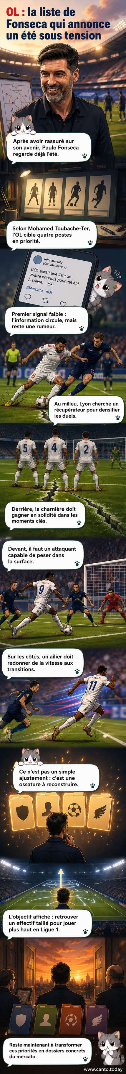 Illustration stylisée de Paulo Fonseca entouré de quatre silhouettes de joueurs représentant un milieu, un défenseur, un attaquant et un ailier, avec le logo de l'OL en arrière-plan.