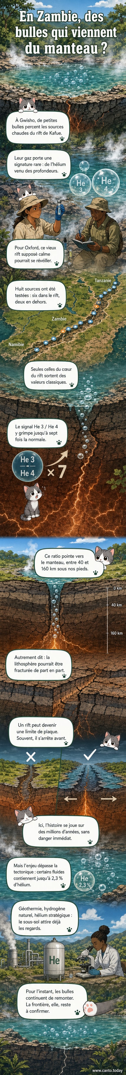 Illustration d’un rift tectonique en Zambie avec des bulles de gaz remontant des profondeurs, indiquant une possible fracture de la croûte terrestre.