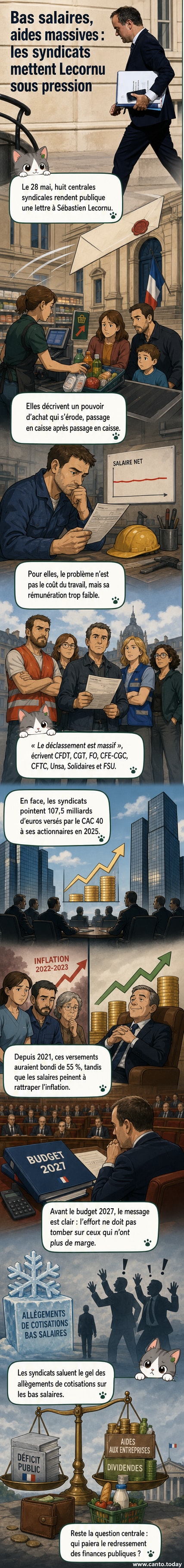 Illustration d’un salarié face à une balance déséquilibrée entre salaire bas et profits d’entreprise élevés, avec des graphiques montrant la hausse des dividendes du CAC 40.