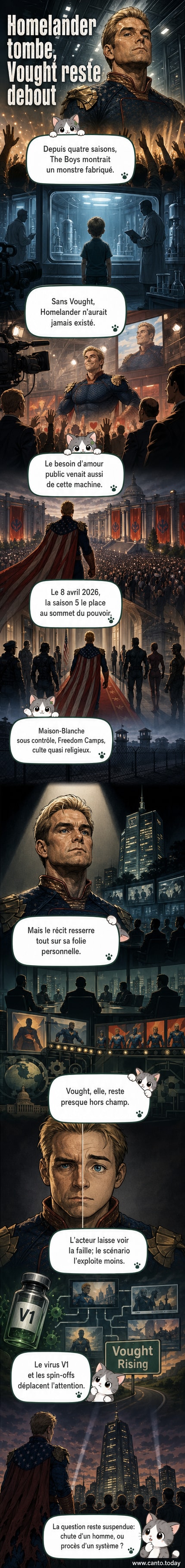 Homelander, en costume rouge et bleu, debout devant un drapeau américain déformé, regarde la caméra avec un sourire menaçant, entouré de gardes supes dans un décor de régime autoritaire.
