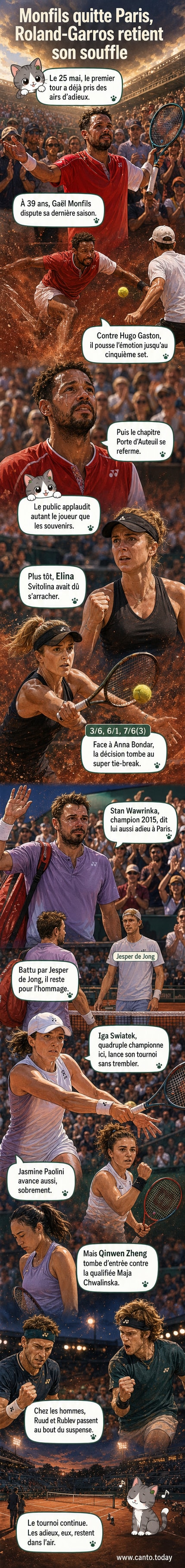 Gaël Monfils salue le public du Court Philippe-Chatrier après sa défaite, entouré d'émotion et d'applaudissements.