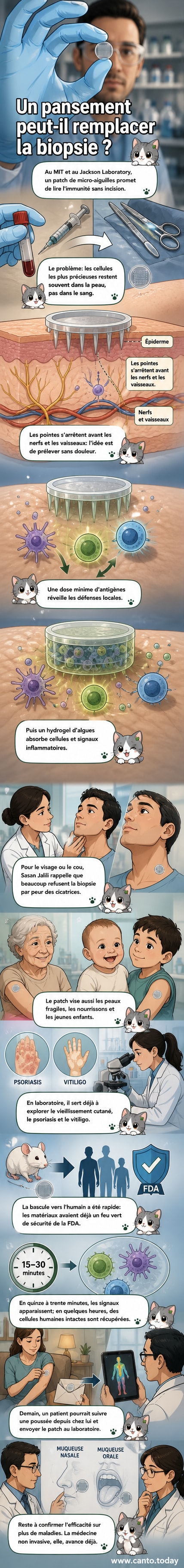 Représentation schématique d'un patch médical appliqué sur la peau, avec des micro-aiguilles invisibles détectant les cellules immunitaires sans douleur.