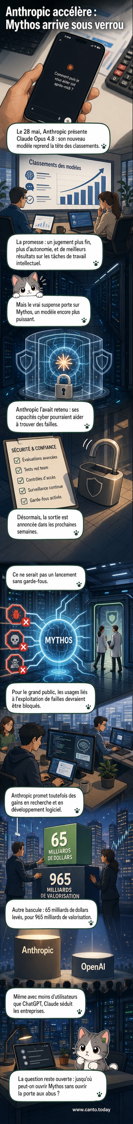 Illustration d'une IA futuriste nommée Mythos, entourée de circuits et de symboles de sécurité, avec les logos d'Anthropic et d'OpenAI en arrière-plan, Anthropic en position dominante.
