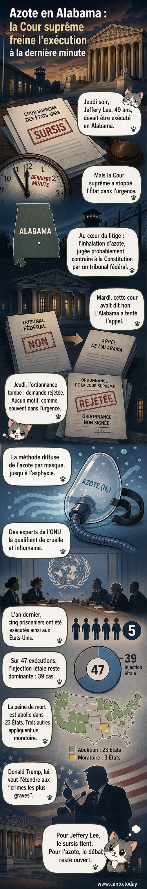 Illustration d'une salle d'audience de la Cour suprême des États-Unis, avec un juge tenant un marteau et un masque à gaz posé sur une chaise, symbolisant le débat sur la méthode d'exécution par inhalation d'azote.