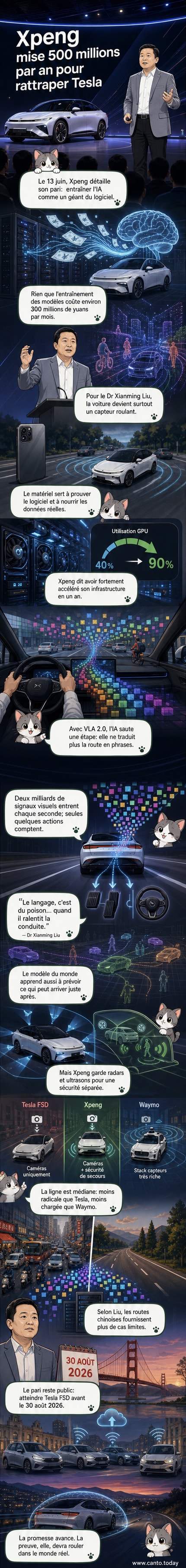 Illustration d'une voiture Xpeng équipée de caméras, entourée de flux de données IA et de symboles représentant l'intelligence artificielle, avec en arrière-plan un pont rappelant le Golden Gate.