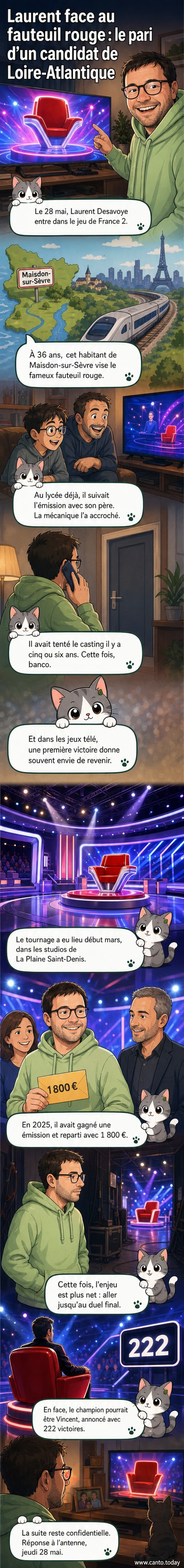 Illustration d'un candidat assis dans le fauteuil rouge de l'émission « Tout le monde veut prendre sa place », face à un champion entouré de son nombril de victoires.