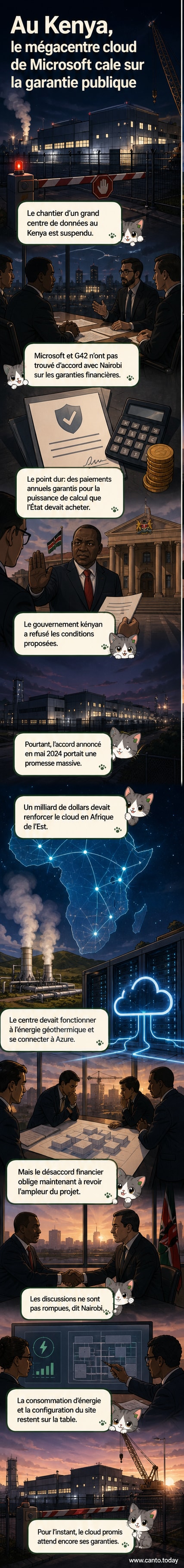 Illustration d'un datacenter high-tech en construction au Kenya, avec des panneaux solaires et des tours de refroidissement, partiellement entouré de barrières de chantier fermé.