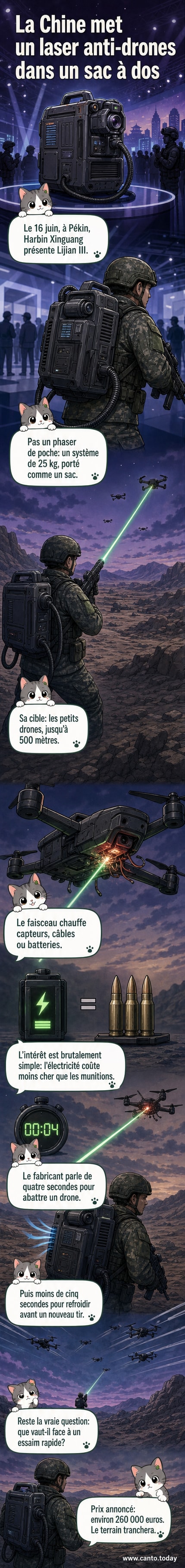 Illustration d'un soldat chinois portant un laser anti-drones dans un sac à dos, pointant vers un drone en vol.
