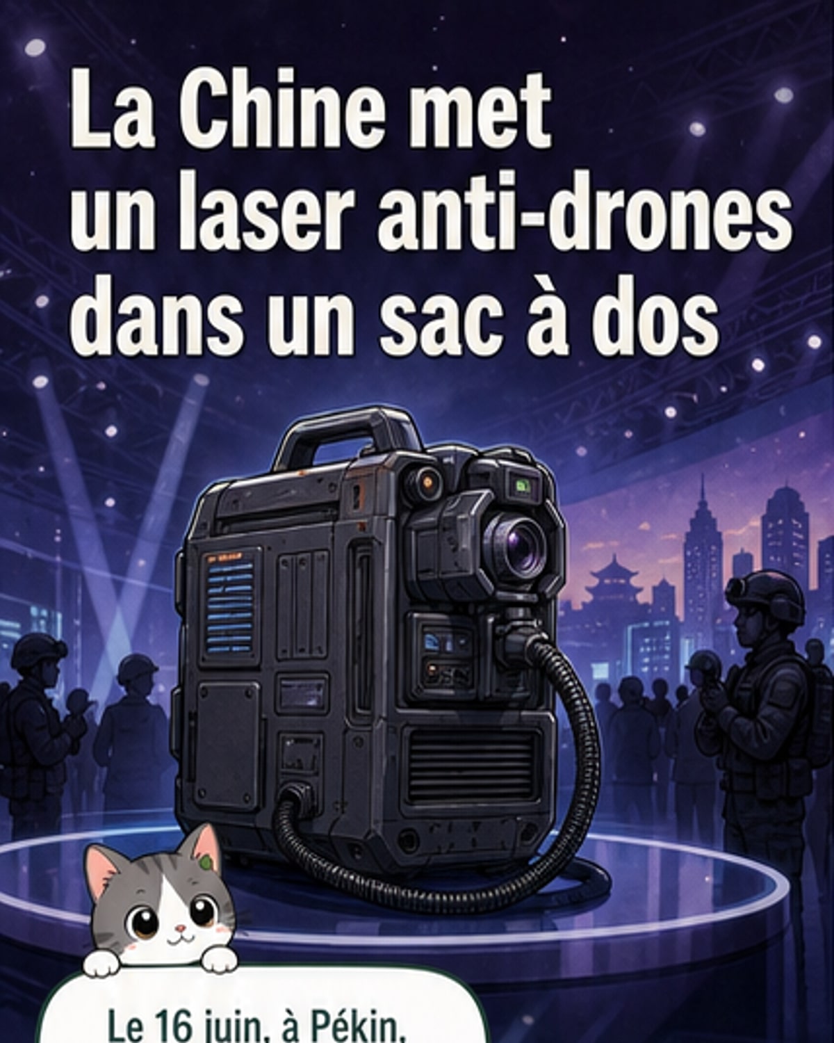 Illustration d'un soldat chinois portant un laser anti-drones dans un sac à dos, pointant vers un drone en vol.