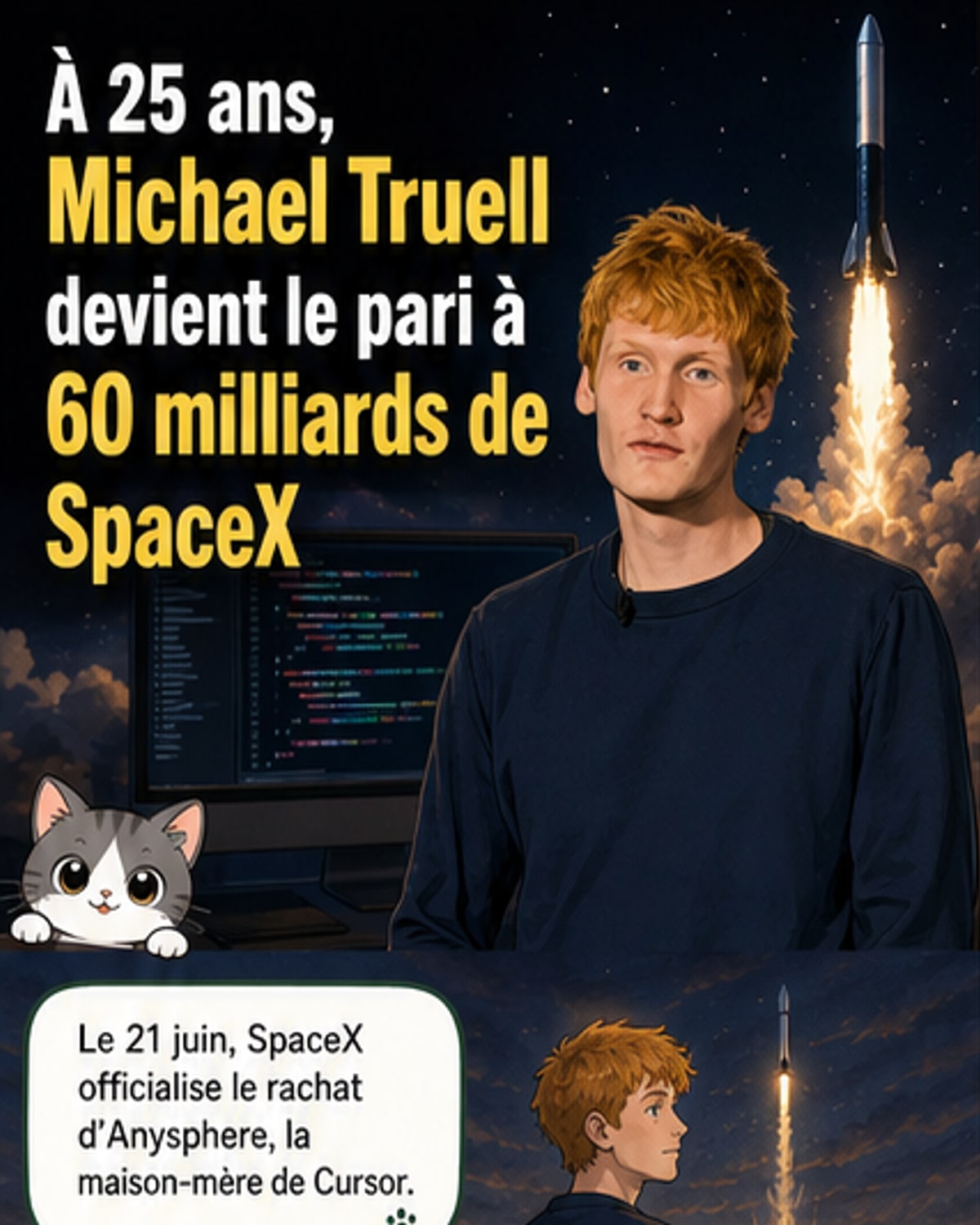 Portrait numérique stylisé de Michael Truell, jeune PDG de Cursor, entouré d'icônes de code, d'IA et de croissance exponentielle.