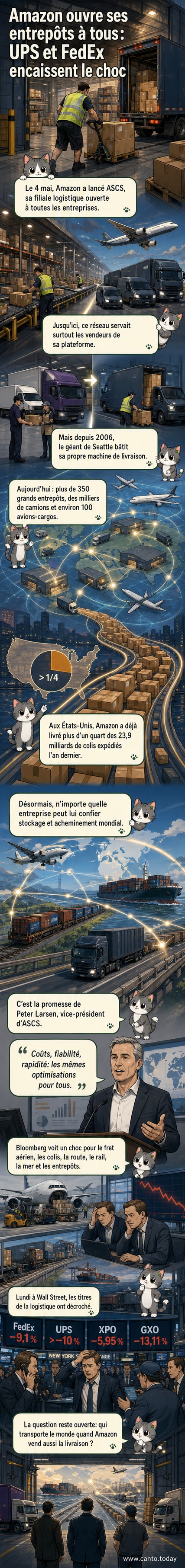Illustration montrant un avion-cargo Amazon survolant un entrepôt géant, avec des camions et des conteneurs en dessous, symbolisant l'expansion de sa chaîne logistique mondiale.