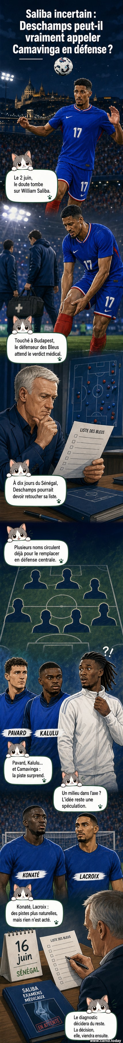 Illustration d'un joueur de football français en tenue bleue, boitant après un match, avec l'arène de Budapest en arrière-plan et le drapeau tricolore flottant.