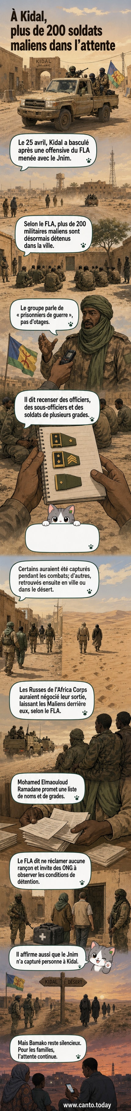 Illustration d'une scène à Kidal montrant des soldats maliens capturés assis dans une cour, surveillés par des rebelles du FLA.