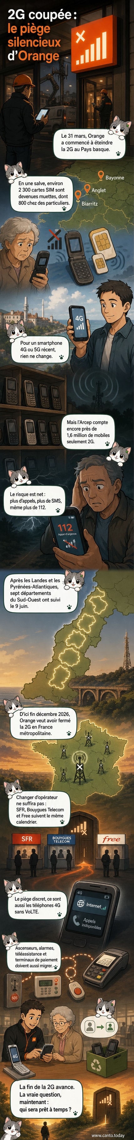 Illustration d’un vieux téléphone portable et d’un smartphone côte à côte, avec un réseau 2G en déclin et un signal 4G en arrière-plan.