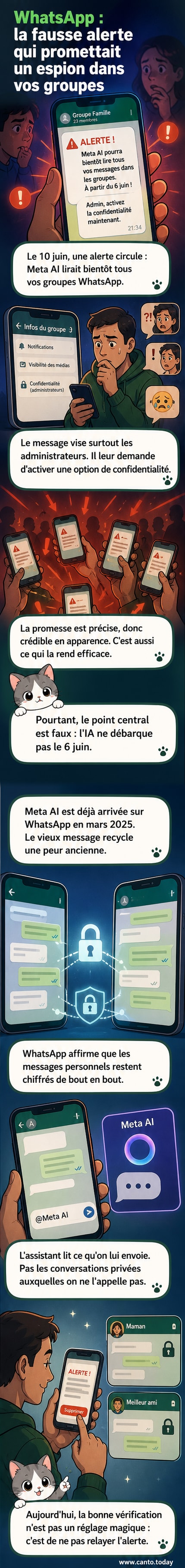 Illustration d'un smartphone affichant un message WhatsApp alarmant sur l'IA de Meta, avec un bouclier de chiffrement barré d'une interdiction.