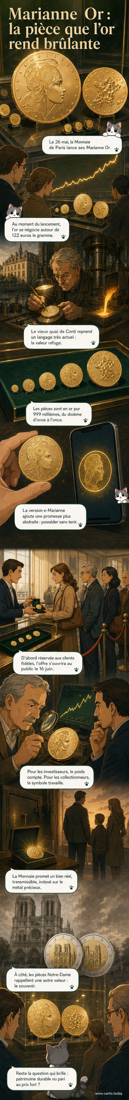 Pièce dorée frappée avec le profil de Marianne, symbole de la République française, posée sur un fond sombre avec reflets métalliques.