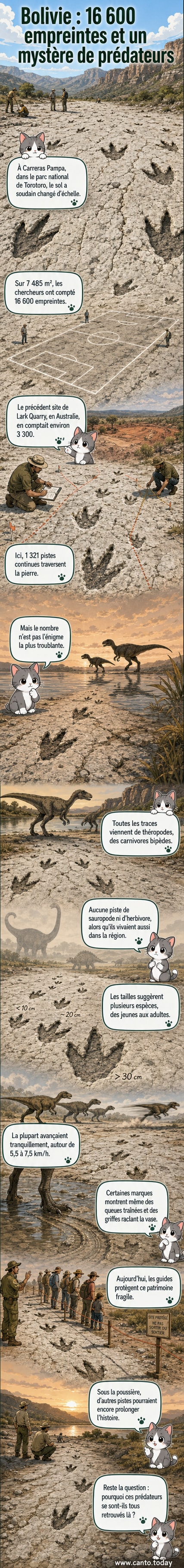 Vue aérienne d'un site rocheux en Bolivie couvert d'empreintes fossilisées de dinosaures, avec des scientifiques en train d'analyser les traces au sol.