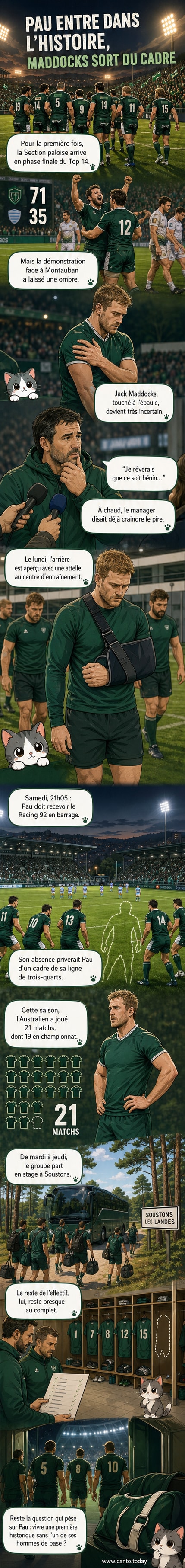 Illustration d'un joueur de rugby tenant son épaule, entouré d'équipiers en tenue de Pau, stade en arrière-plan.