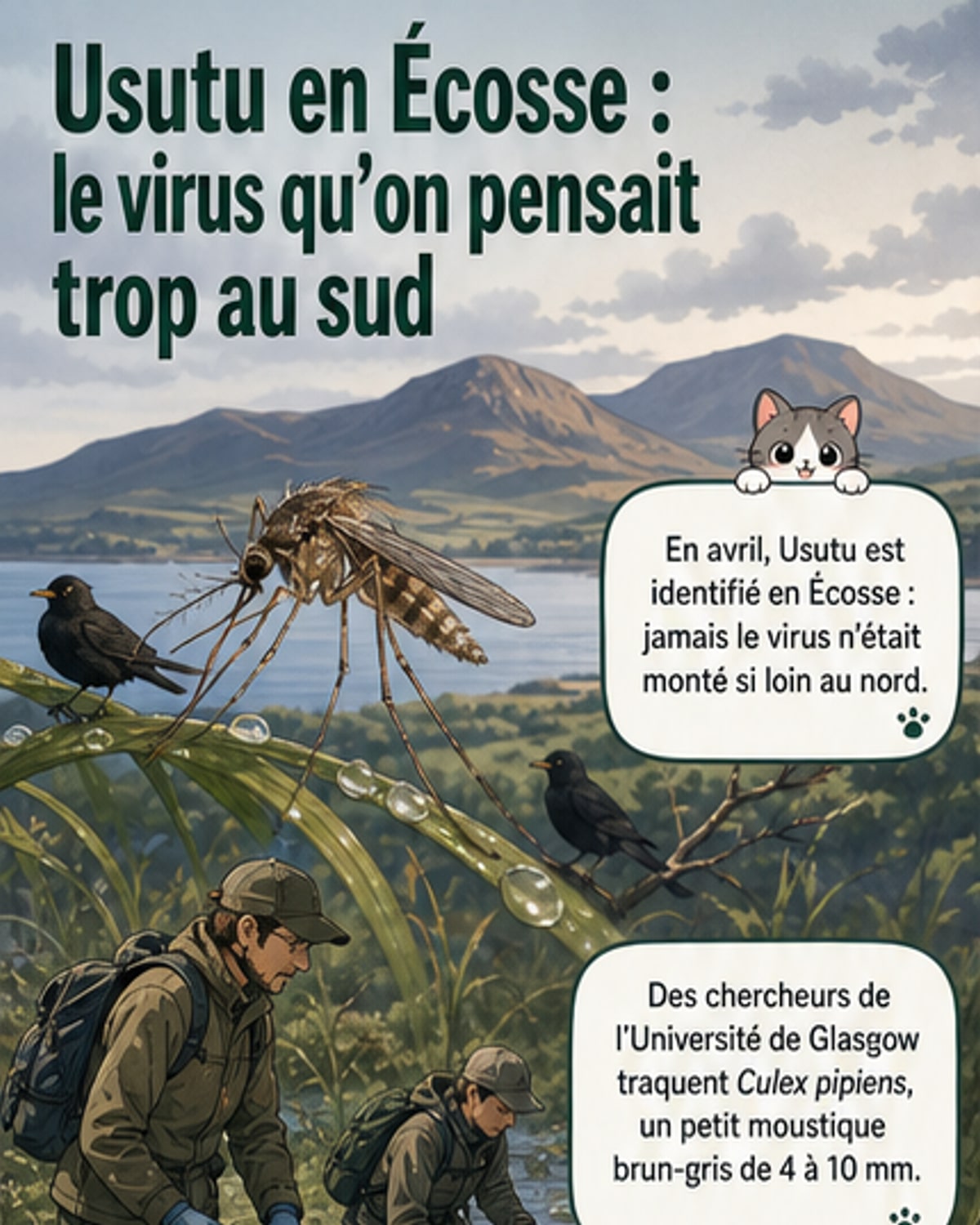 Illustration d’un moustique Culex pipiens sur fond de paysage écossais, avec des oiseaux affaiblis à proximité, symbolisant la propagation du virus Usutu liée au changement climatique.
