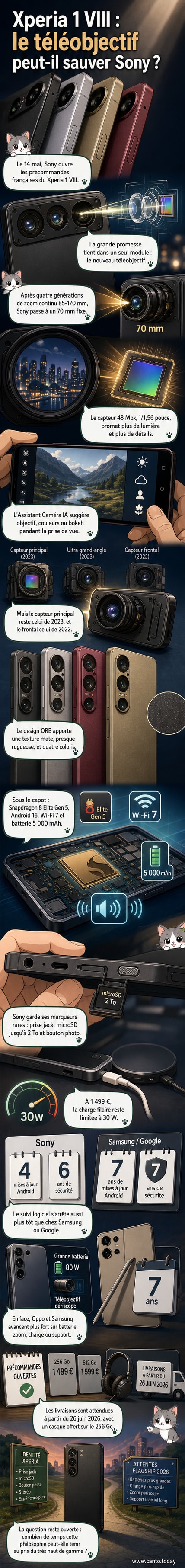 Smartphone Sony Xperia 1 VIII posé sur une surface mate, montrant son design épuré avec bordures fines et objectif arrière proéminent.