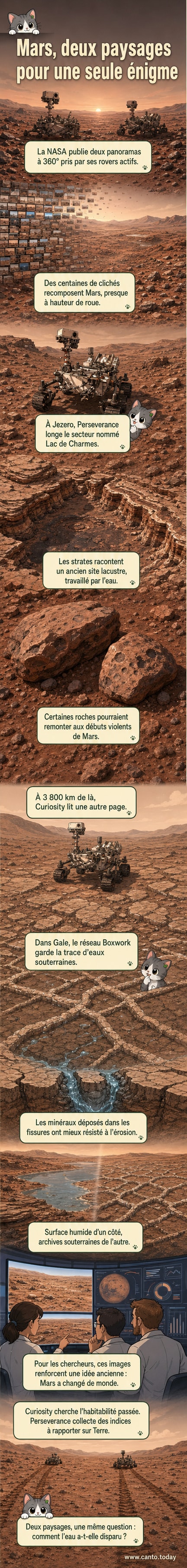 Deux panoramas côte à côte de la surface de Mars, capturés par les rovers Curiosity et Perseverance, montrant des terrains rocheux très différents : l'un avec des strates visibles, l'autre avec un réseau de crêtes minérales.