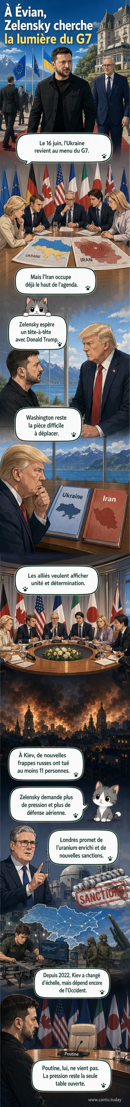 Illustration du sommet du G7 à Évian, avec les dirigeants du monde réunis autour d'une table, tandis que des images de conflit en Ukraine et en Iran apparaissent en arrière-plan.
