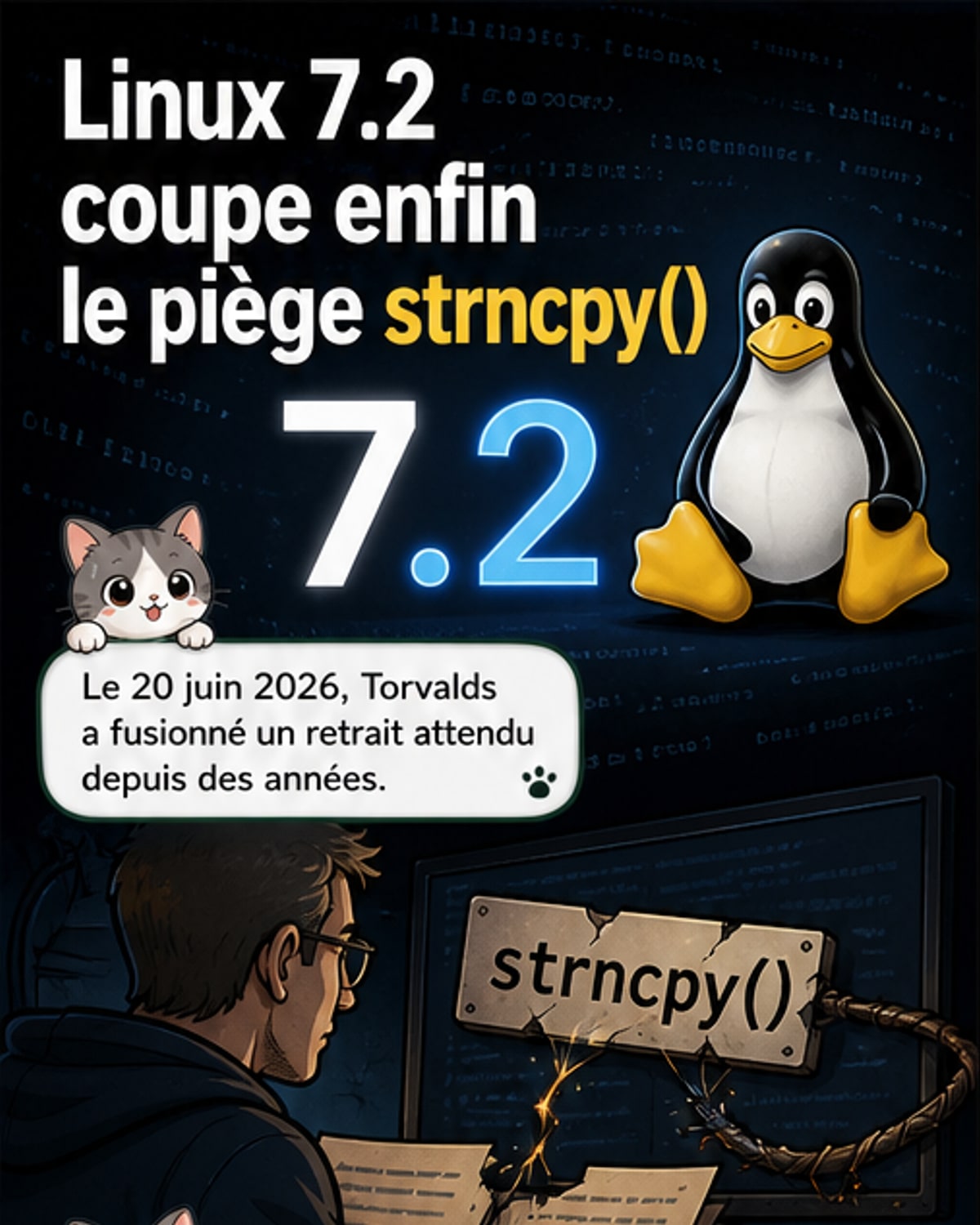 Illustration stylisée d'un noyau informatique avec un écrou et une clé, symbolisant une mise à jour technique de sécurité dans le système Linux.