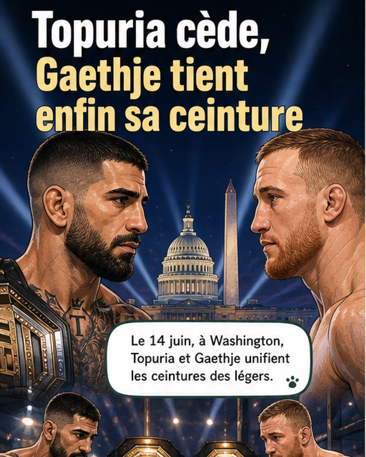 Illustration d'un combat d'UFC entre Ilia Topuria et Justin Gaethje, avec Topuria visiblement blessé au visage, son coin levant la main pour arrêter le combat.