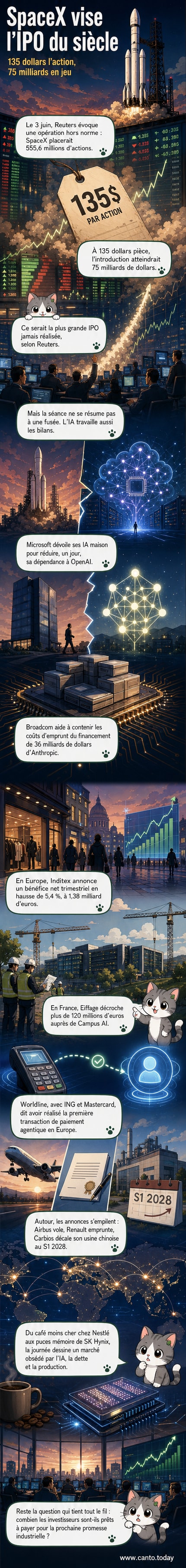 Illustration stylisée d'une fusée SpaceX à côté d'un campus technologique moderne, avec des graphiques boursiers en arrière-plan.