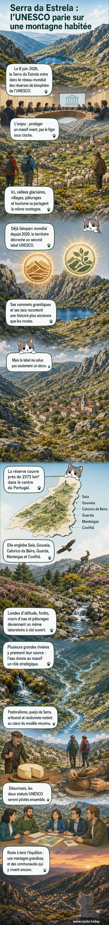 Vue aérienne de la Serra da Estrela, massif montagneux portugais aux paysages granitiques et vallées glaciaires, désormais reconnu comme réserve de biosphère par l’UNESCO.