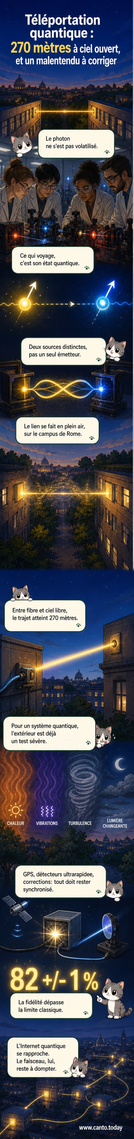 Illustration d’un photon dont l’état quantique est transféré entre deux bâtiments via un faisceau lumineux en plein air, avec des symboles d’intrication quantique et de réseau.