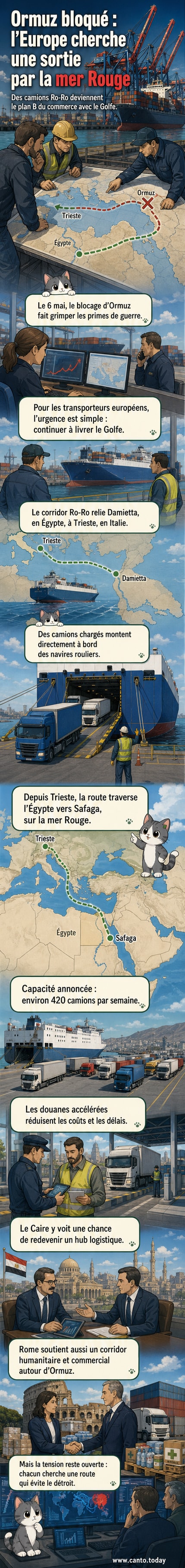 Carte animée montrant le corridor Ro-Ro reliant Damietta en Égypte à Trieste en Italie, puis vers la mer Rouge et le Golfe, contournant le détroit d’Ormuz.