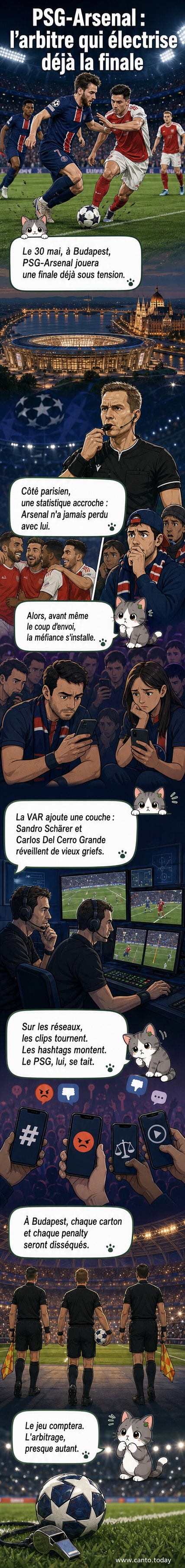 Illustration d'un arbitre au milieu d'un stade bondé, entouré de silhouettes de supporters en colère, avec les maillots du PSG et d'Arsenal en arrière-plan.