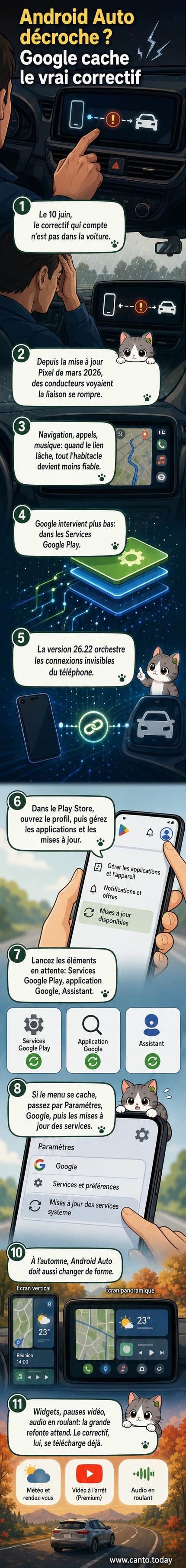 Un smartphone connecté à un tableau de bord de voiture via Android Auto, avec une notification de mise à jour affichée.