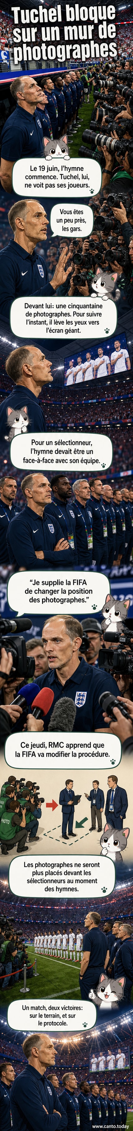 Thomas Tuchel, en costume, lève les yeux vers un écran géant pendant l'hymne national, bloqué par un mur de photographes.