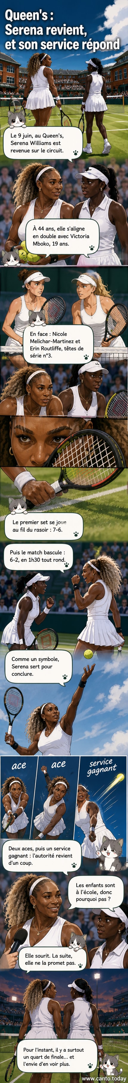 Serena Williams sert lors de son match de double au Queen's 2026, entourée de spectateurs debout applaudissant.