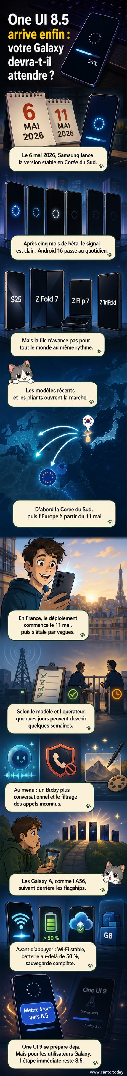 Illustration d'un smartphone Galaxy recevant la mise à jour One UI 8.5, avec l'interface Android 16 et les nouvelles fonctionnalités comme le Bixby amélioré et le filtrage d'appels.
