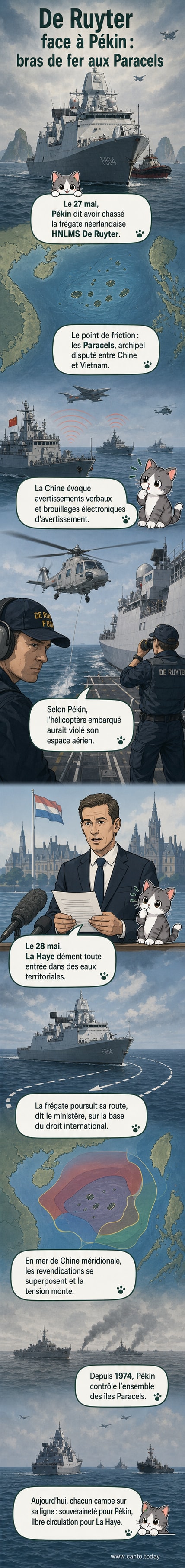 Représentation schématique de la frégate néerlandaise HNLMS De Ruyter face à des navires chinois dans les îles Paracels, en mer de Chine méridionale.