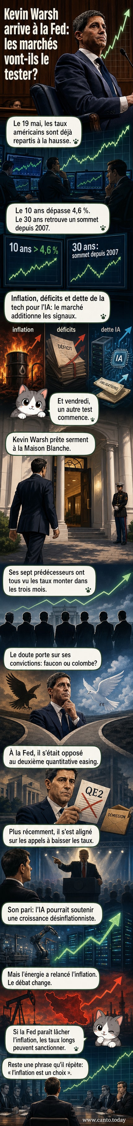Graphique montrant la remontée des taux d'intérêt à 10 et 30 ans aux États-Unis, avec en surimpression le nom de Kevin Warsh et l'inscription 'Nouveau président de la Fed'.
