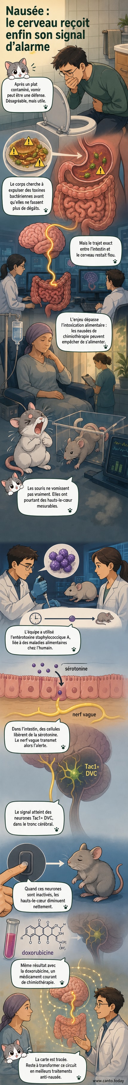 Illustration d’un circuit neuronal reliant l’intestin au cerveau, mettant en évidence les neurones Tac1 + DVC dans le tronc cérébral impliqués dans la nausée.