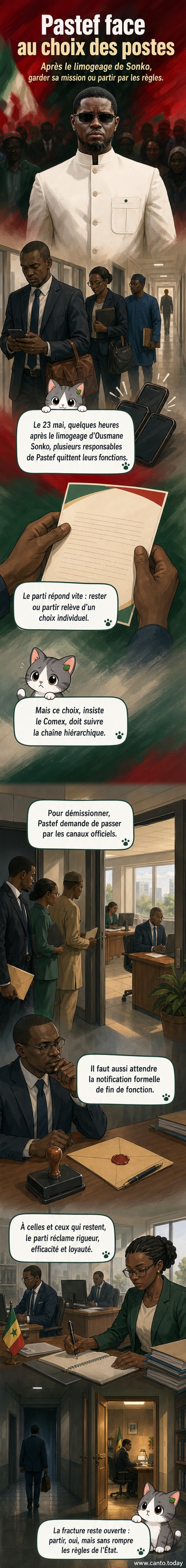 Illustration d'un bureau administratif avec des documents officiels et le logo de Pastef, accompagné du texte d'un communiqué sur les démissions après le départ de Sonko.