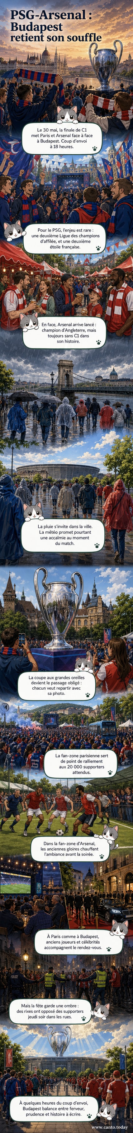 Vue aérienne de la fan-zone du PSG à Budapest, avec des supporters en maillot bleu entourant des animations et des écrans géants, tandis que le trophée de la Ligue des champions est exposé sous une lumière dorée.